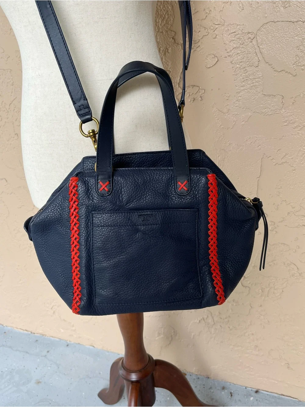 Tory Burch Navy Blue Leather Tote with Red Accent Stitching